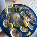 Raw oysters on a blue plate